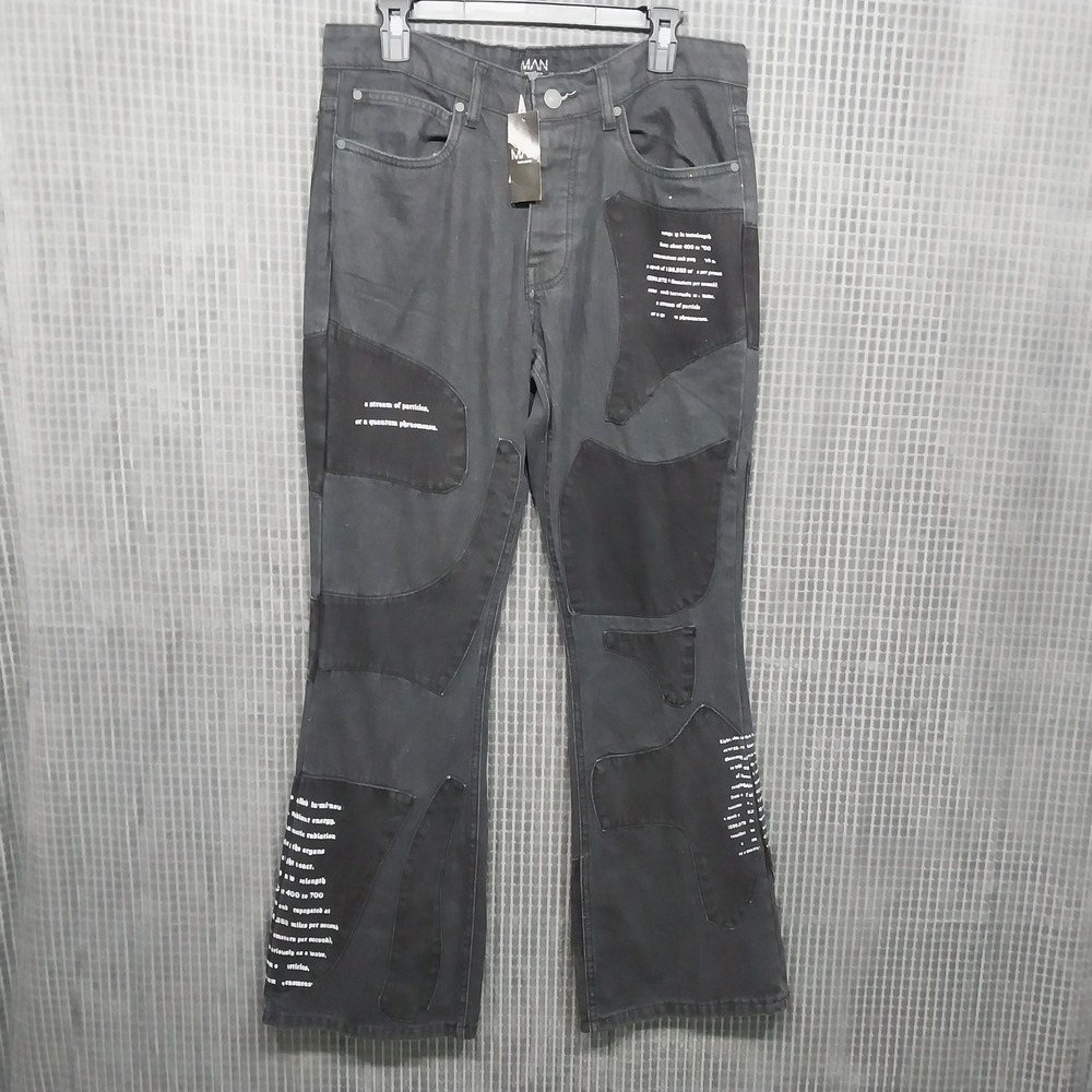 boohooMAN Mens Jeans Rigid Slim Flare Patchwork Applique 32R Washed Black